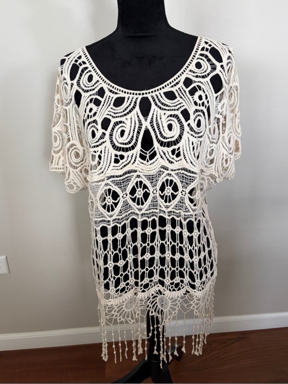 Rafaella Cream Crochet Fringe Tunic Top